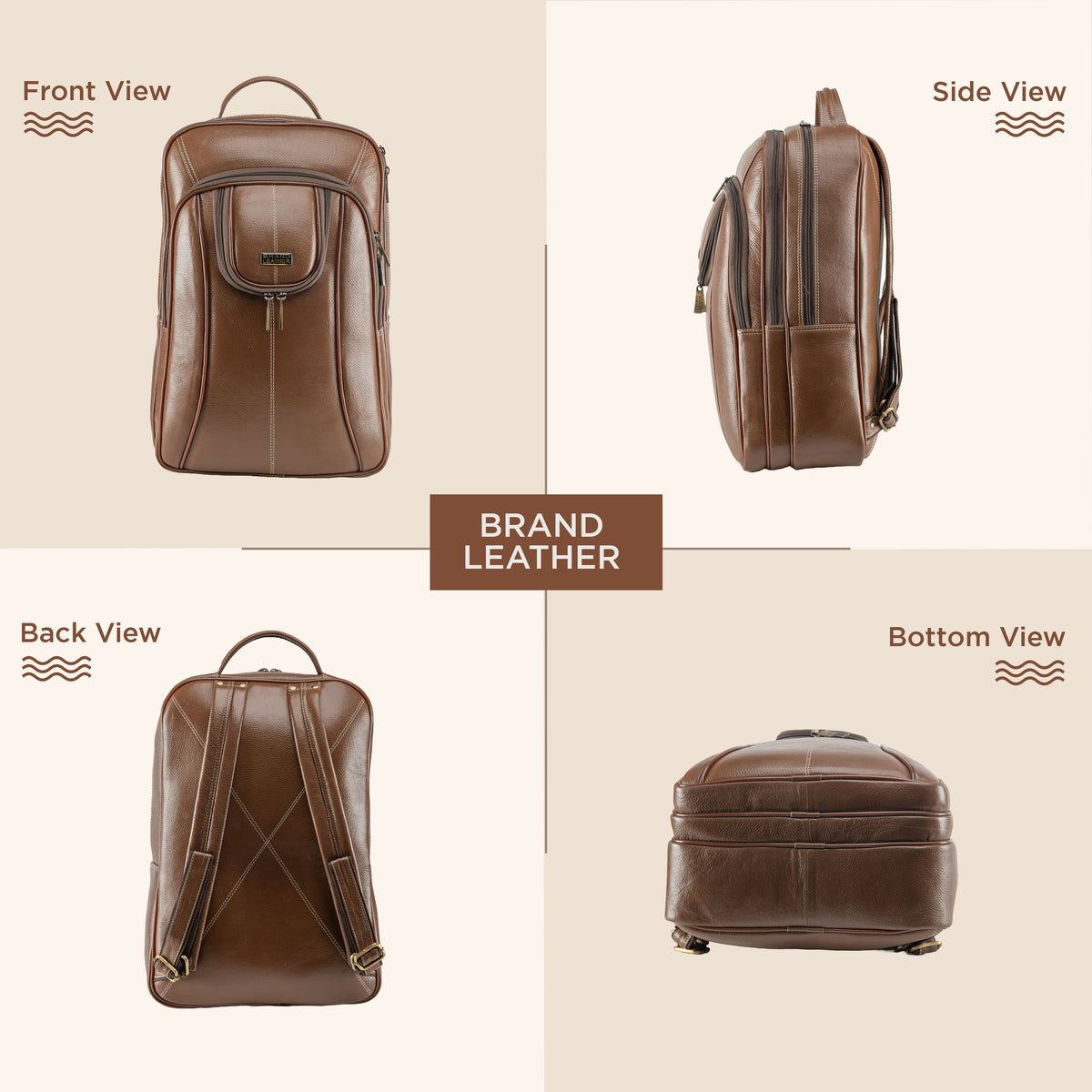 BRAND LEATHER Men's Full Grain Cow Hide Leather 17 Inch Laptop Backpack Large Capacity Weekender Overnight Camping Travel Rucksack
