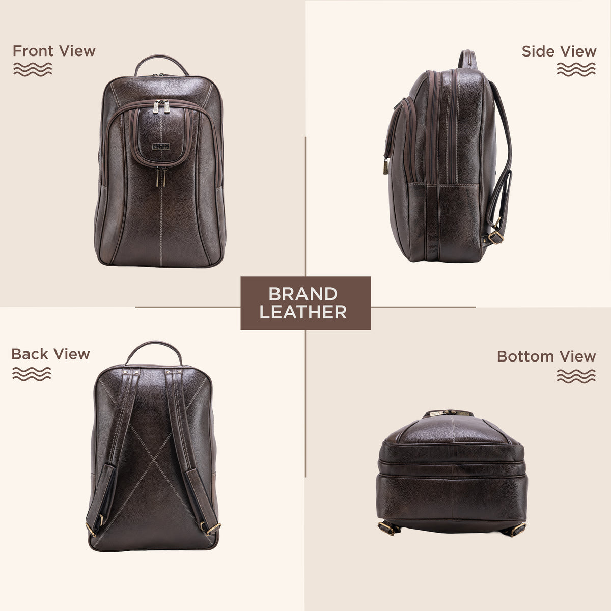 BRAND LEATHER Men's Full Grain Cow Hide Leather 17 Inch Laptop Backpack Large Capacity Weekender Overnight Camping Travel Rucksack