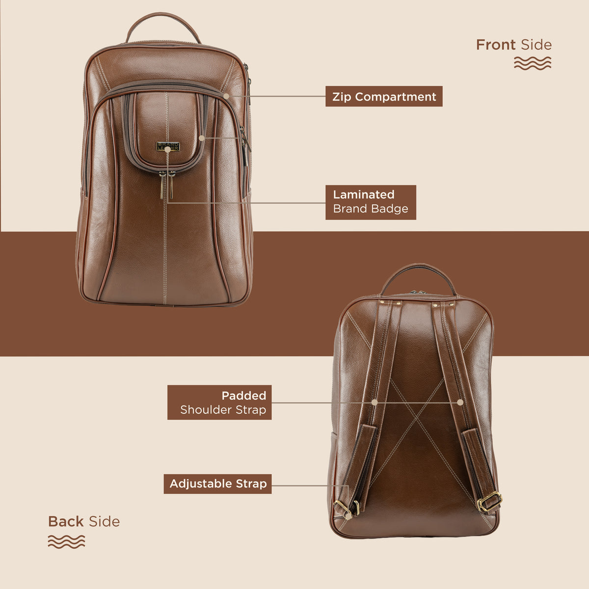 BRAND LEATHER Men's Full Grain Cow Hide Leather 17 Inch Laptop Backpack Large Capacity Weekender Overnight Camping Travel Rucksack