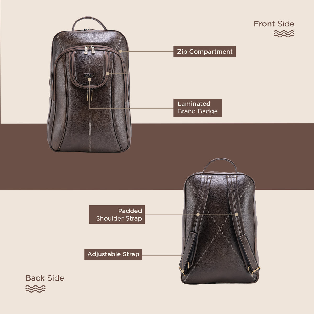 BRAND LEATHER Men's Full Grain Cow Hide Leather 17 Inch Laptop Backpack Large Capacity Weekender Overnight Camping Travel Rucksack