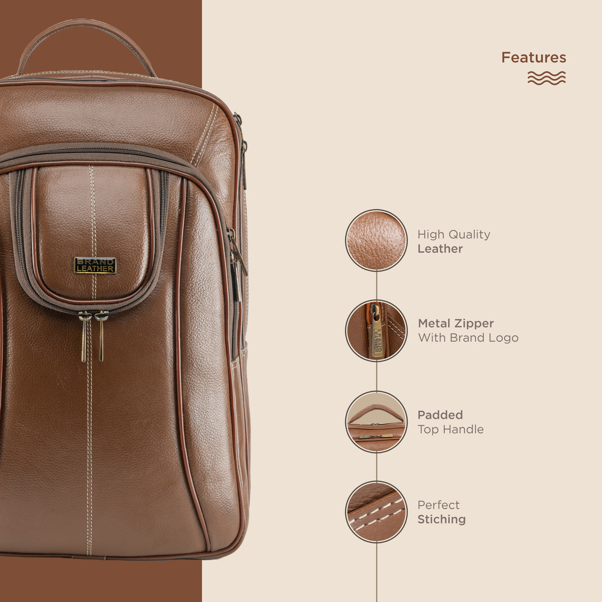 BRAND LEATHER Men's Full Grain Cow Hide Leather 17 Inch Laptop Backpack Large Capacity Weekender Overnight Camping Travel Rucksack