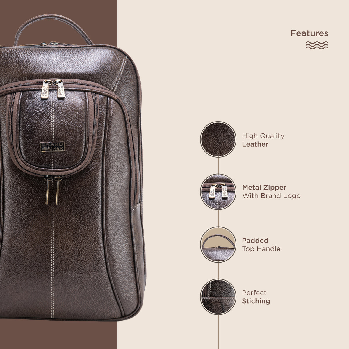 BRAND LEATHER Men's Full Grain Cow Hide Leather 17 Inch Laptop Backpack Large Capacity Weekender Overnight Camping Travel Rucksack