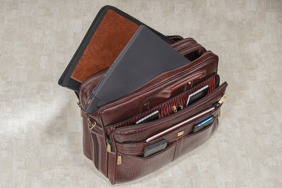 Laptop Bag for Men - Genuine Leather Shoulder Bag for Office and Travel, Brown, Fits upto 16" Laptop, Water Resistant, Multiple Compartments, Messenger bags with Trolley Strap