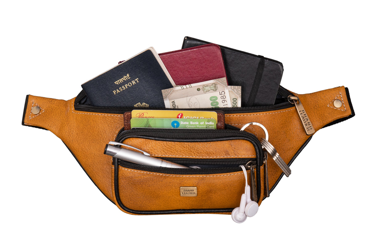 BRAND LEATHER Stylish Genuine Leather Waist Bag Elegant Style Travel Pouch Passport Holder with Adjustable Strap for Multipurpose Use