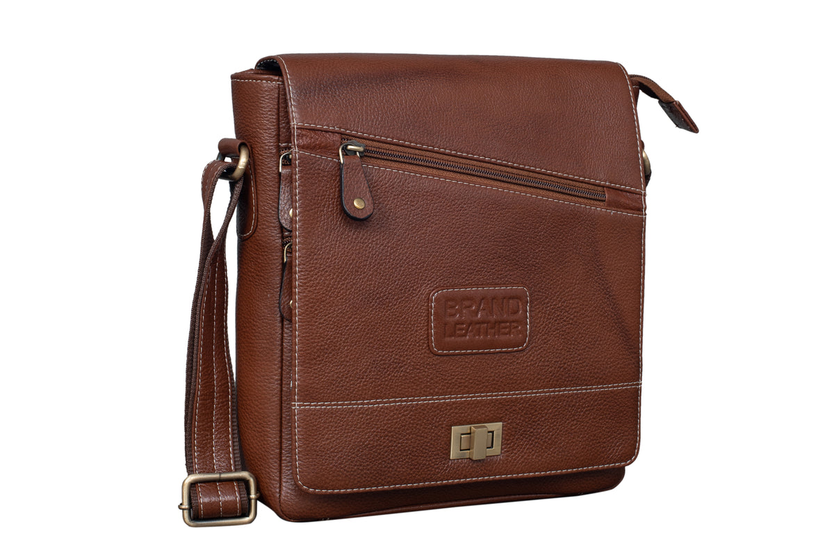 BRAND LEATHER Genuine Leather Sling Bag for Men - Crossbody One Side Bag with Multiple Pockets, Adjustable Shoulder Straps - Messenger Bag Ideal for Travel and Office Use, 1-Year Warranty