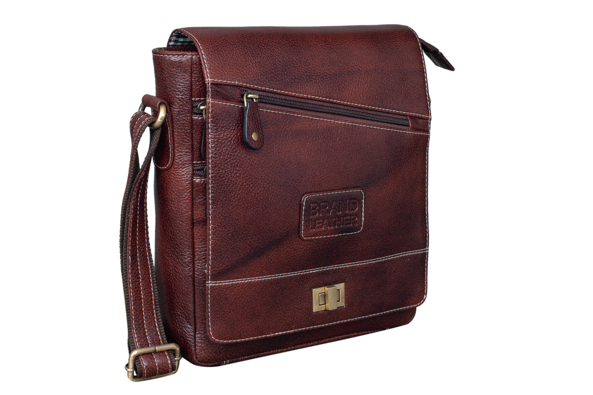 BRAND LEATHER Genuine Leather Sling Bag for Men - Crossbody One Side Bag with Multiple Pockets, Adjustable Shoulder Straps - Messenger Bag Ideal for Travel and Office Use, 1-Year Warranty