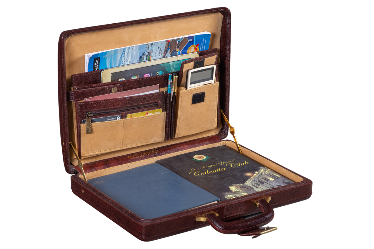 BRAND LEATHER Genuine Leather Briefcase For Men With Single Combination Lock