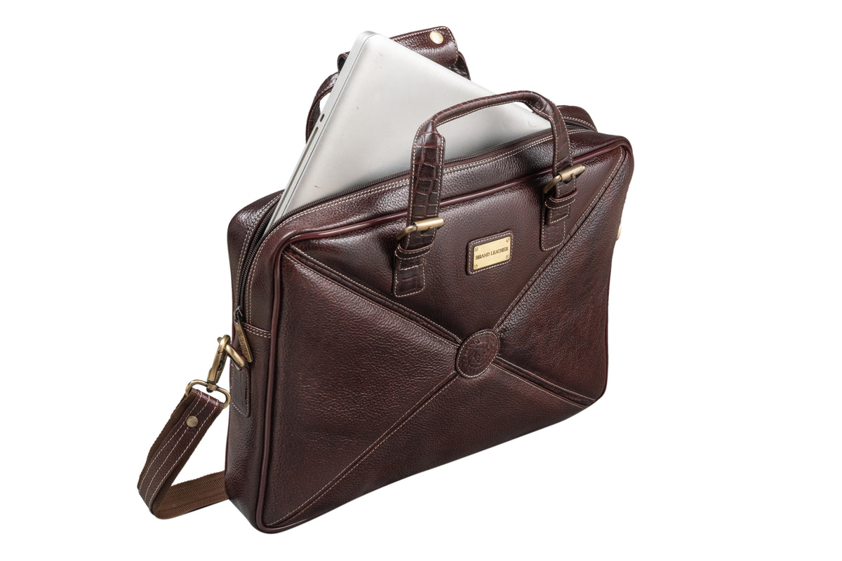 BRAND LEATHER Laptop Bag for Men - Genuine Leather Messenger Bag for Office - Fits up to 16 Inch Laptop -Brown Shoulder Bag with Multiple Compartments - Executive Leather Bag for Work and Travel